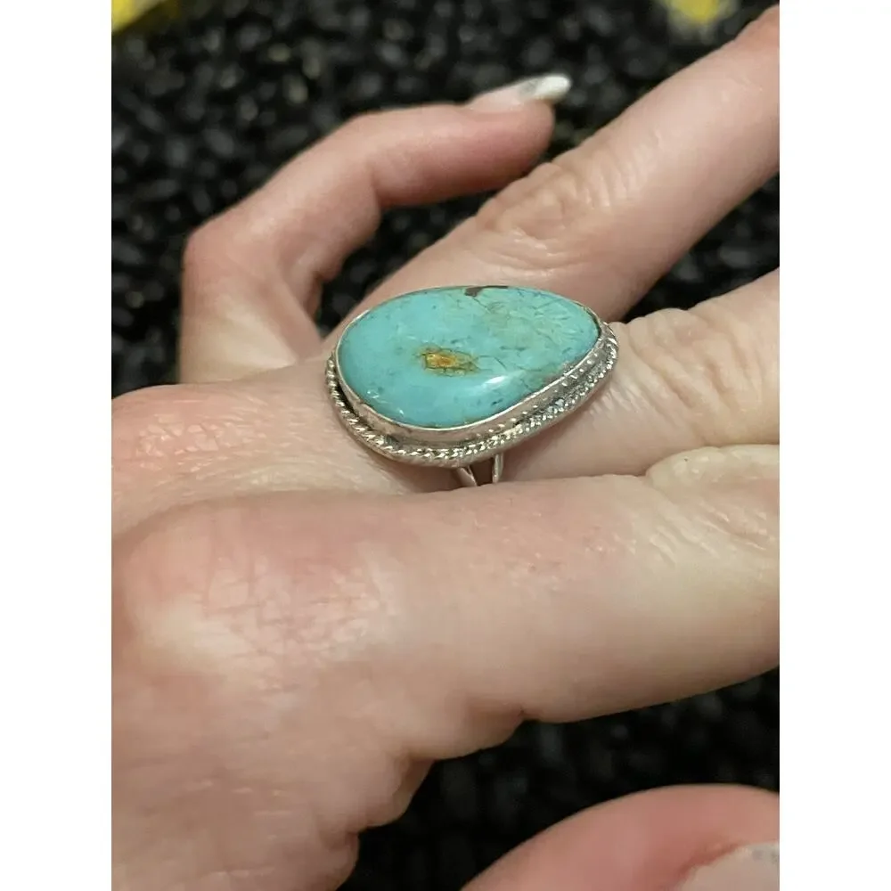 Southwest Sterling Silver Kenny Ray Signed Turquoise Ring~Teardrop Size 8.5
